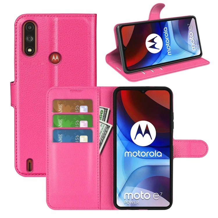 Wallet Design Litchi Texture PU Leather Stand Cover Shell for Motorola Moto E7 Power / Moto E7i Power - Rose