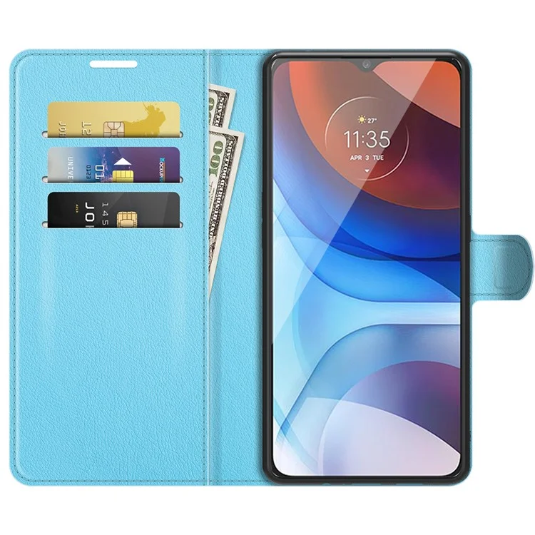 Wallet Design Litchi Texture PU Leather Stand Cover Shell for Motorola Moto E7 Power / Moto E7i Power - Blue