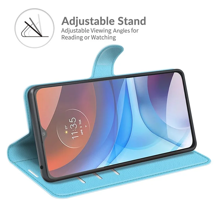 Wallet Design Litchi Texture PU Leather Stand Cover Shell for Motorola Moto E7 Power / Moto E7i Power - Blue