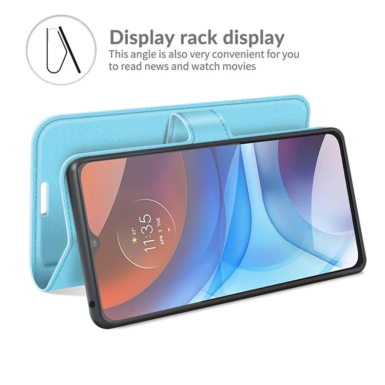 Wallet Design Litchi Texture PU Leather Stand Cover Shell for Motorola Moto E7 Power / Moto E7i Power - Blue