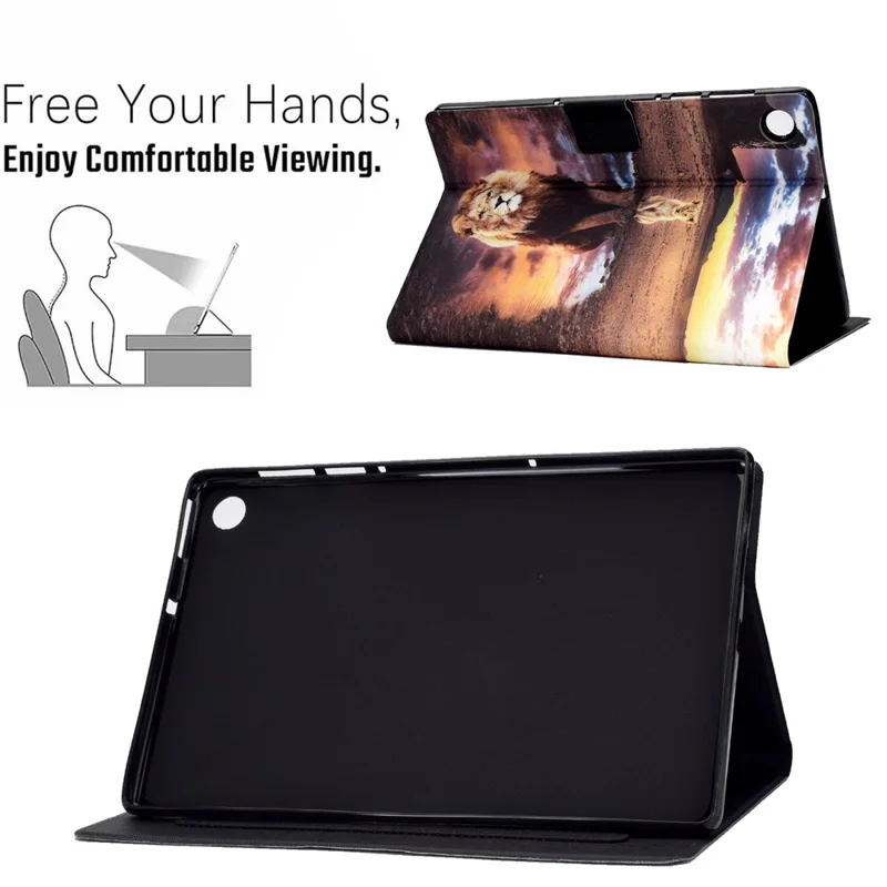 Standdesign i læder med fuld beskyttelse og mønsterprint til Lenovo Tab M10 Plus - Løve