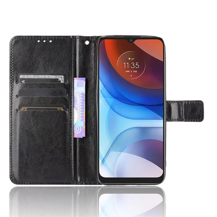 Crazy Horse Texture Leather Wallet Cell Phone Case for Motorola Moto E7 Power/Moto E7i Power - Black