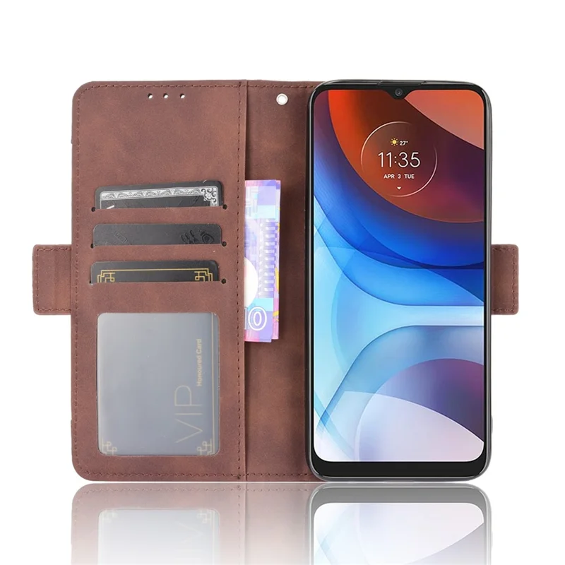 Wallet Design Leather Phone Feature Protective Cover Case with Stand and Multiple Card Slots for Motorola Moto E7 Power/Moto E7i Power - Brown