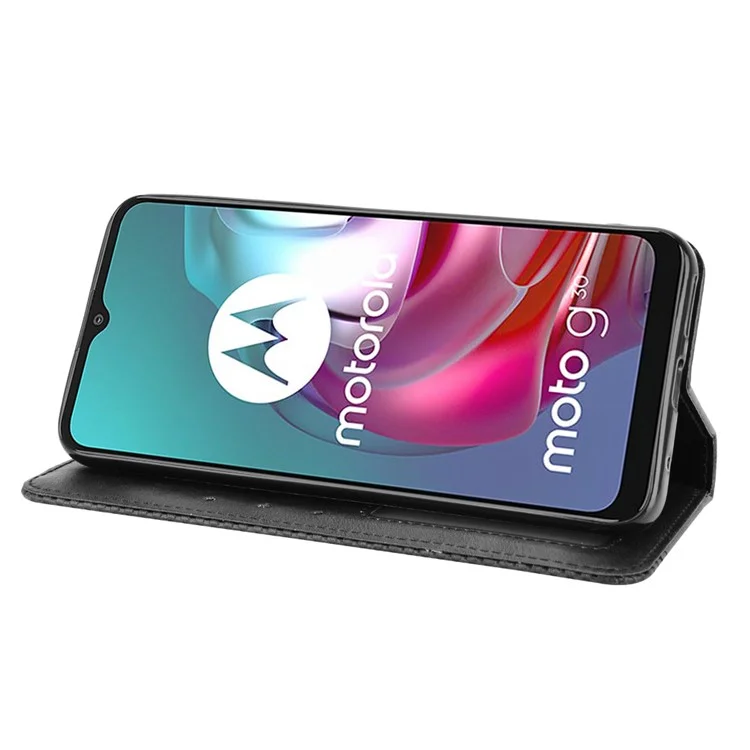 Étui de protection magnétique de style vintage pour téléphone avec support pour Motorola Moto G30/G20/G10 - Noir