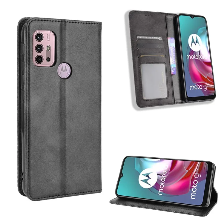 Étui de protection magnétique de style vintage pour téléphone avec support pour Motorola Moto G30/G20/G10 - Noir