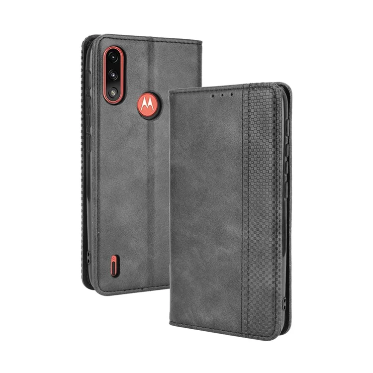 Conception du Support de Portefeuille Magnétique Couverture du Boîtier de Téléphone de Style Vintage Pour Motorola Moto E7 Power / Moto E7i Power - le Noir