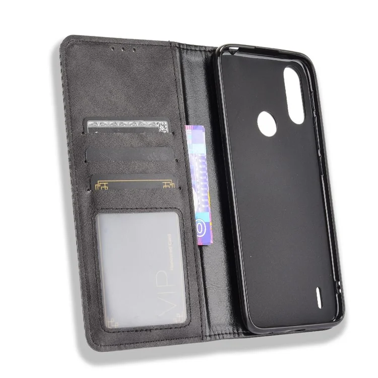 Conception du Support de Portefeuille Magnétique Couverture du Boîtier de Téléphone de Style Vintage Pour Motorola Moto E7 Power / Moto E7i Power - le Noir