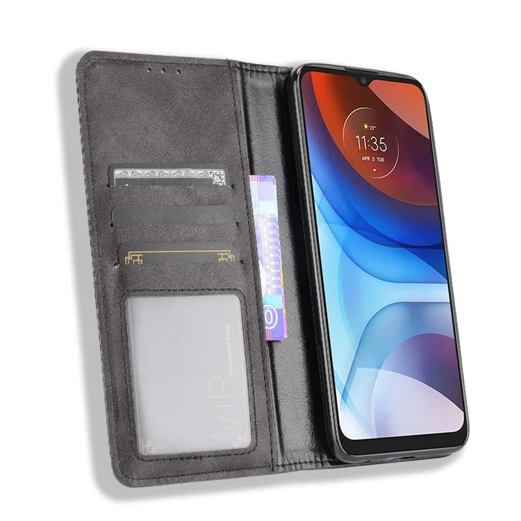 Conception du Support de Portefeuille Magnétique Couverture du Boîtier de Téléphone de Style Vintage Pour Motorola Moto E7 Power / Moto E7i Power - le Noir