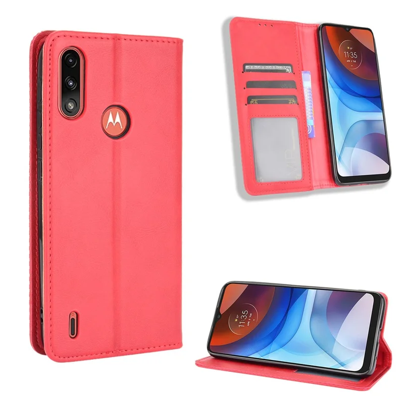 Wallet Stand Design Magnetic Vintage Style Phone Case Cover for Motorola Moto E7 Power/Moto E7i Power - Red