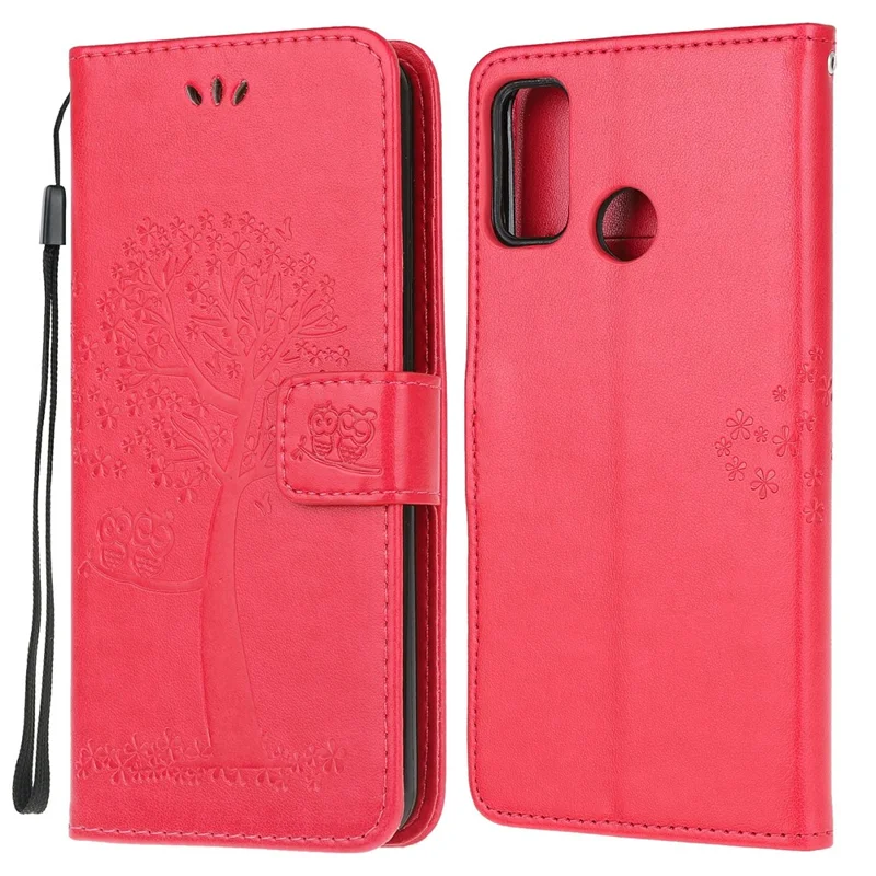 Owl Pattern Printing Design Leather Wallet Phone Cover for Motorola Moto G30/G20 / G10 - Red