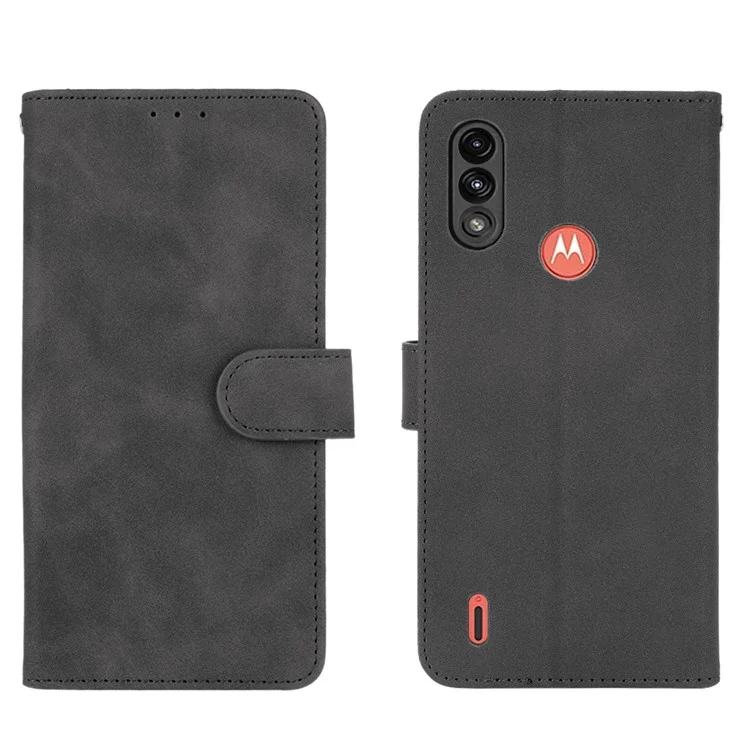 Skin-touch Folio Flip Leather Protective Shell for Motorola Moto E7 Power/Moto E7i Power 2021 Wallet Stand Cover - Black