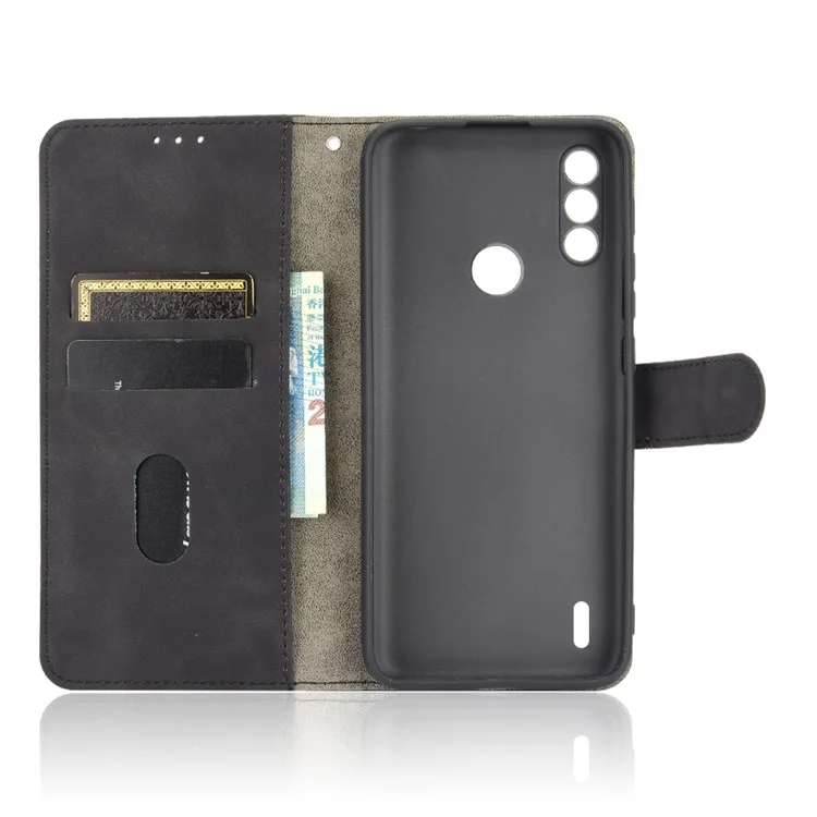 Skin-touch Folio Flip Leather Protective Shell for Motorola Moto E7 Power/Moto E7i Power 2021 Wallet Stand Cover - Black