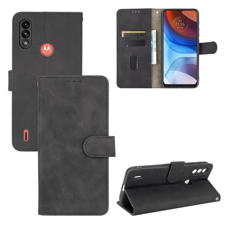 Skin-touch Folio Flip Leather Protective Shell for Motorola Moto E7 Power/Moto E7i Power 2021 Wallet Stand Cover - Black