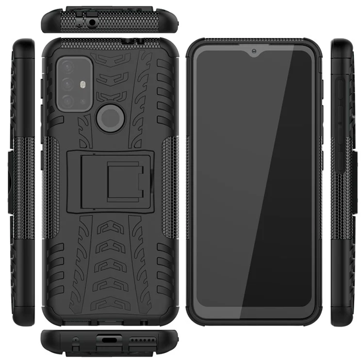 Diseño de Superficie de Neumático Fresco PC + TPU Híbrido Cubierta de Caja de Teléfono Con Kickstand Para Motorola Moto G30 - Negro