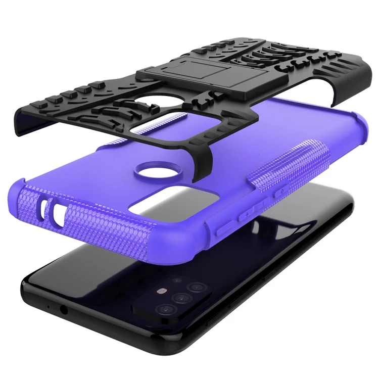 Diseño de Superficie de Neumático Fresco PC + TPU Híbrido Cubierta de Caja de Teléfono Con Kickstand Para Motorola Moto G30 - Violeta