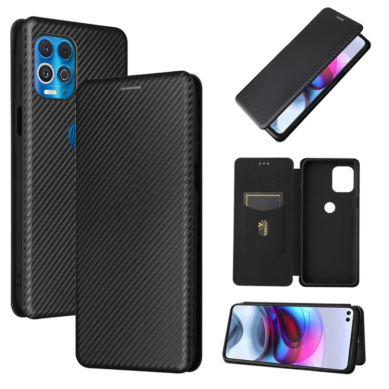 Auto-absorbed Stand Carbon Fiber Texture Leather Shell Cover for Motorola Edge S / Moto G100 - Black
