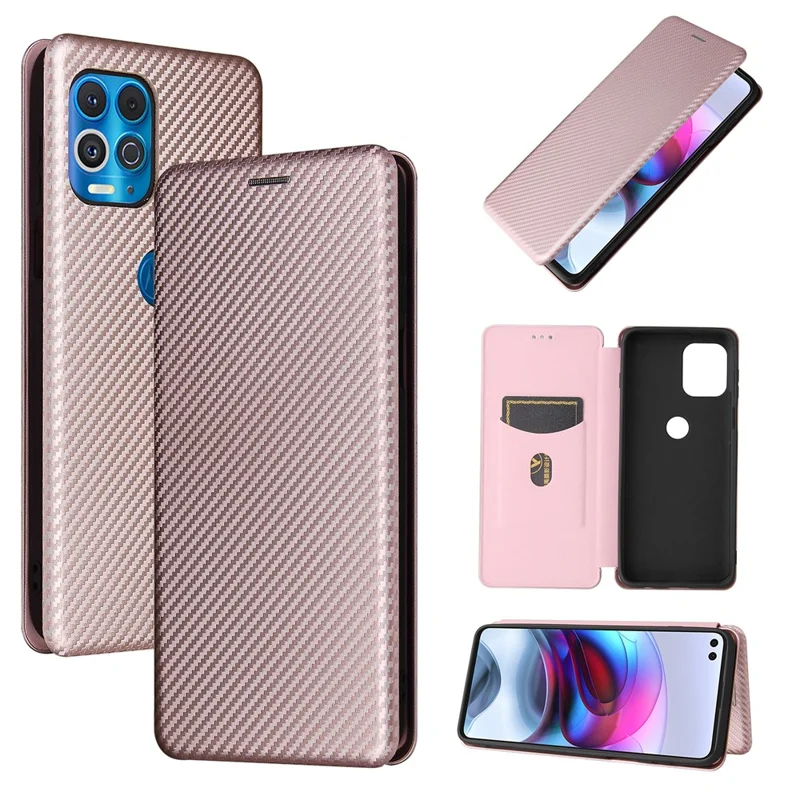 Auto-absorbed Stand Carbon Fiber Texture Leather Shell Cover for Motorola Edge S / Moto G100 - Gold