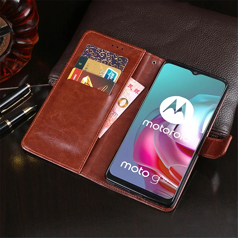 IDEWEI Crazy Horse Texture Leather Mobile Casing with Card Slots for Motorola Moto G30 - Black
