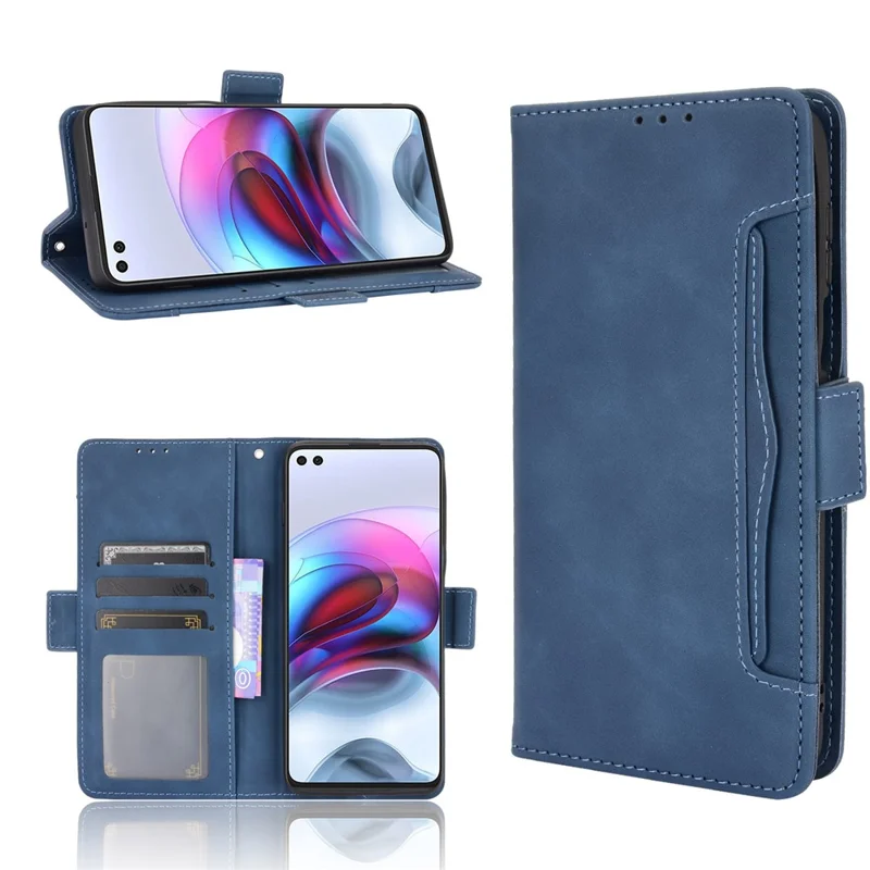 Multiple Card Slots Design Leather Phone Case Cover Wallet Stand for Motorola Edge S/Moto G100 - Blue