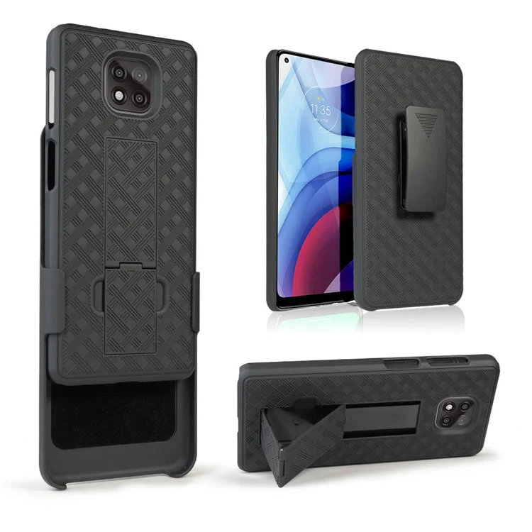 Gewebt Textur Swivel Gürtel Clip Kickstand PC Hard Case Für Motorola Moto G Power (2021) - Schwarz