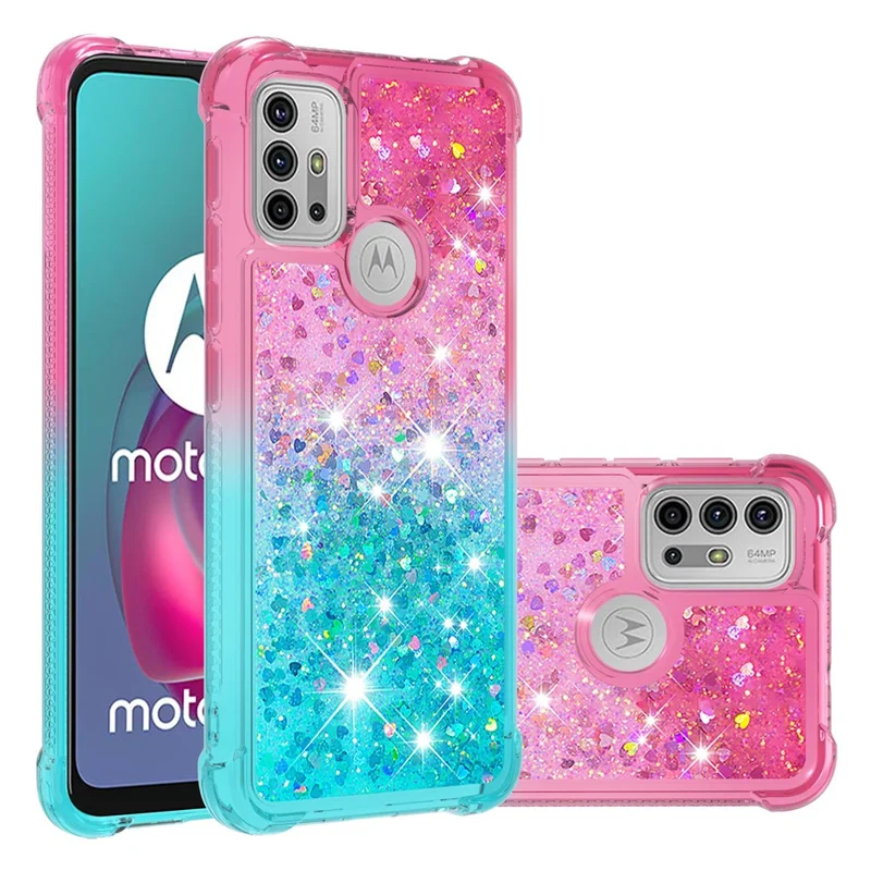 Shockproof Gradient Glitter Sequins Quicksand TPU Phone Case for Motorola Moto G30/G20 / G10 - Pink/Sky Blue