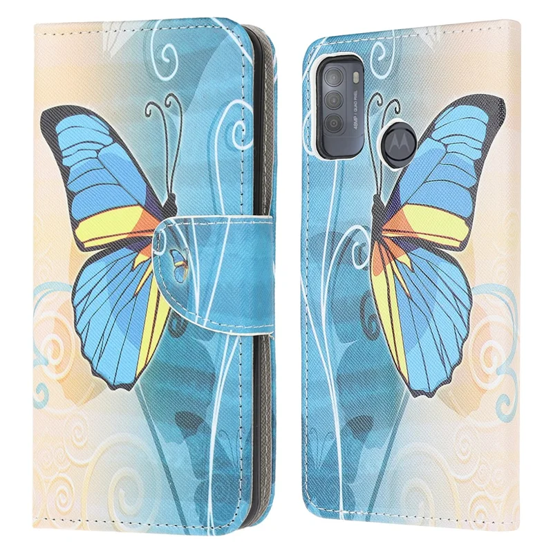 Pattern Printing Cross Texture Leather Wallet Stand Case for Motorola Moto G50 - Blue Butterfly