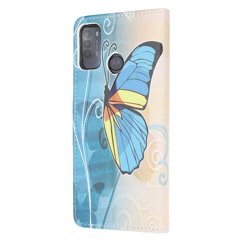 Pattern Printing Cross Texture Leather Wallet Stand Case for Motorola Moto G50 - Blue Butterfly
