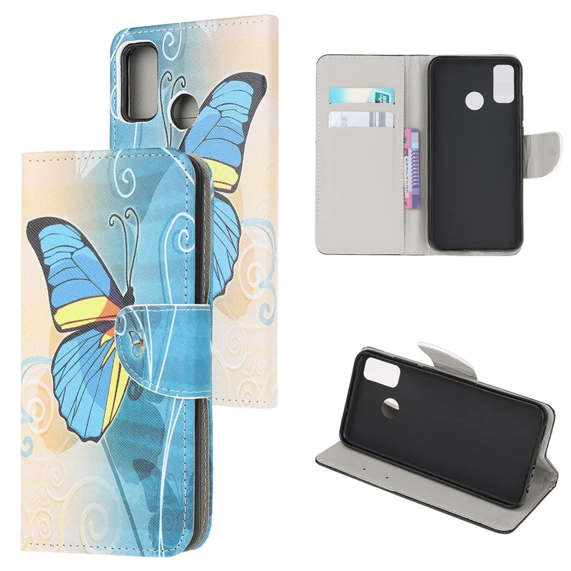 Pattern Printing Cross Texture Leather Wallet Stand Case for Motorola Moto G50 - Blue Butterfly