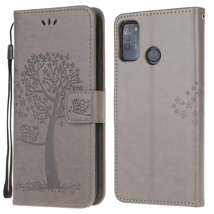 Owl and Tree Pattern Printing Design Leather Wallet Phone Cover for Motorola Moto G50 - Grey