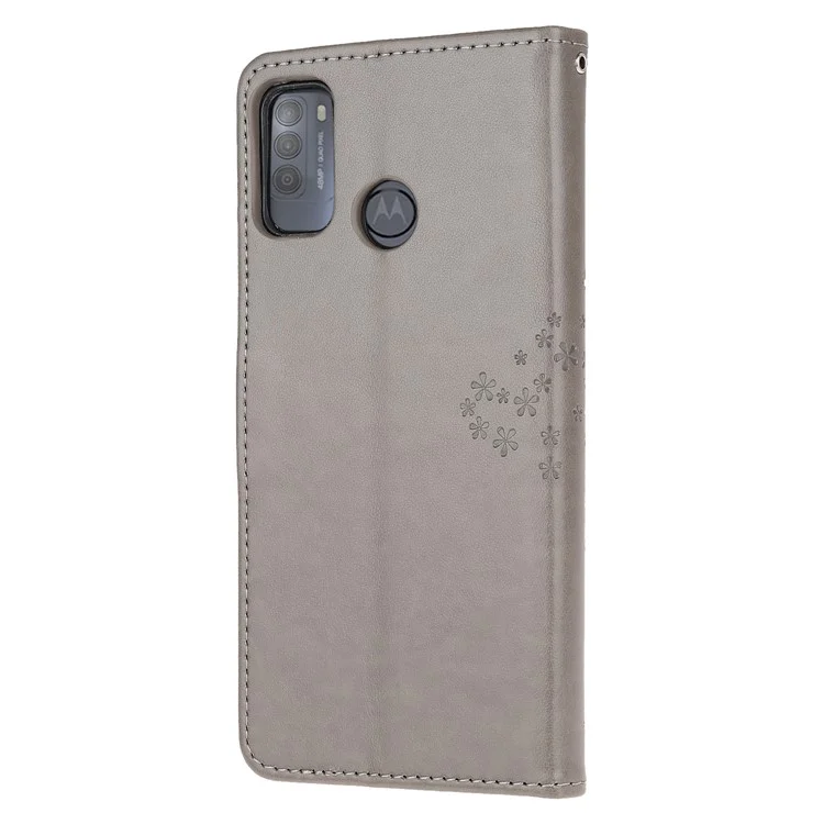 Owl and Tree Pattern Printing Design Leather Wallet Phone Cover for Motorola Moto G50 - Grey
