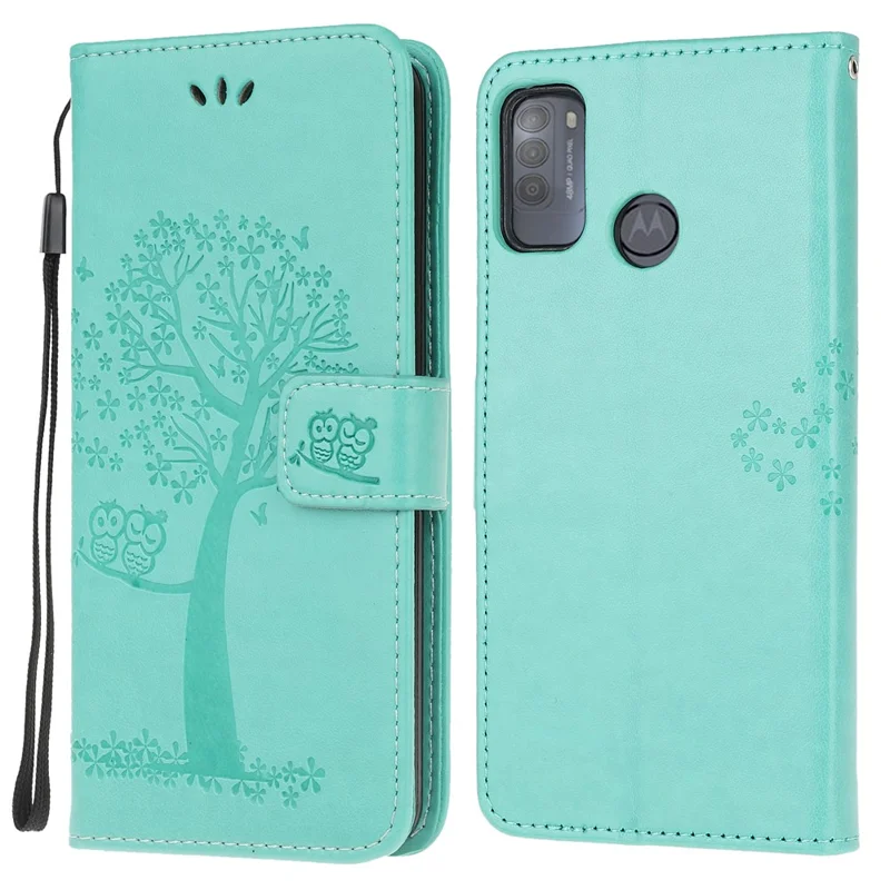 Owl and Tree Pattern Printing Design Leather Wallet Phone Cover for Motorola Moto G50 - Cyan