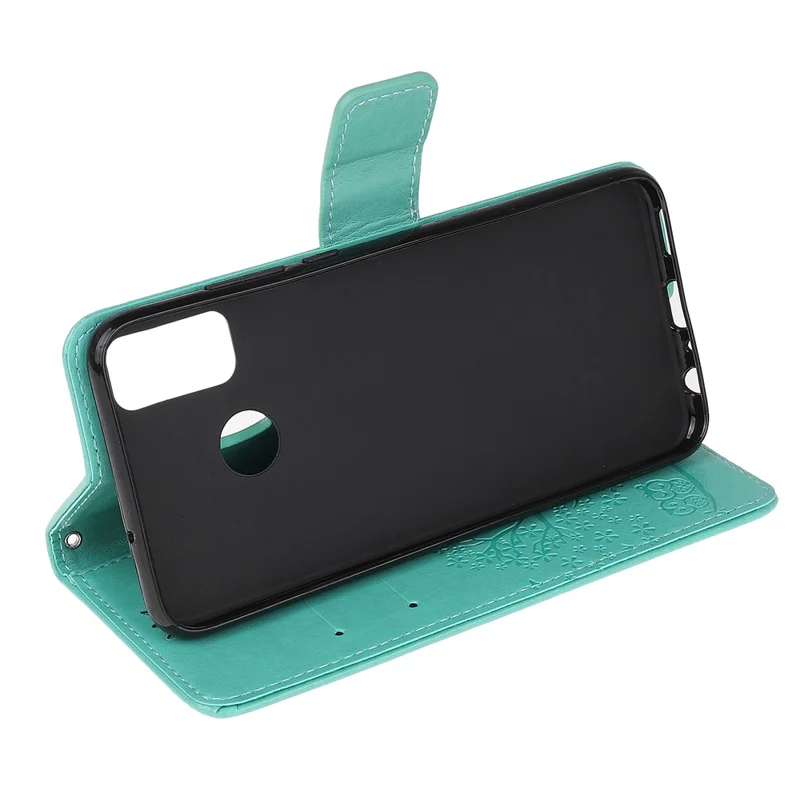 Owl and Tree Pattern Printing Design Leather Wallet Phone Cover for Motorola Moto G50 - Cyan