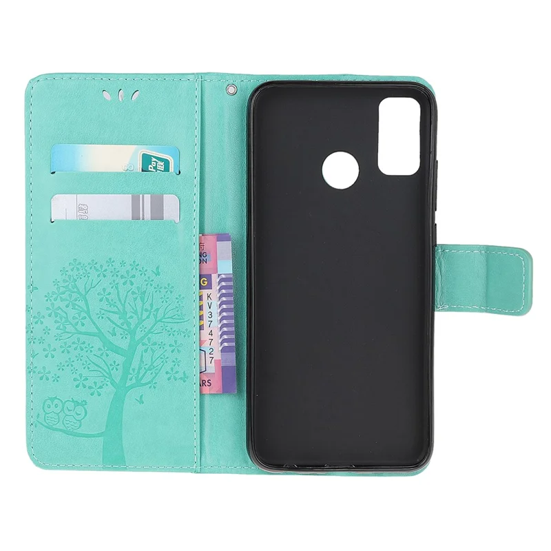Owl and Tree Pattern Printing Design Leather Wallet Phone Cover for Motorola Moto G50 - Cyan