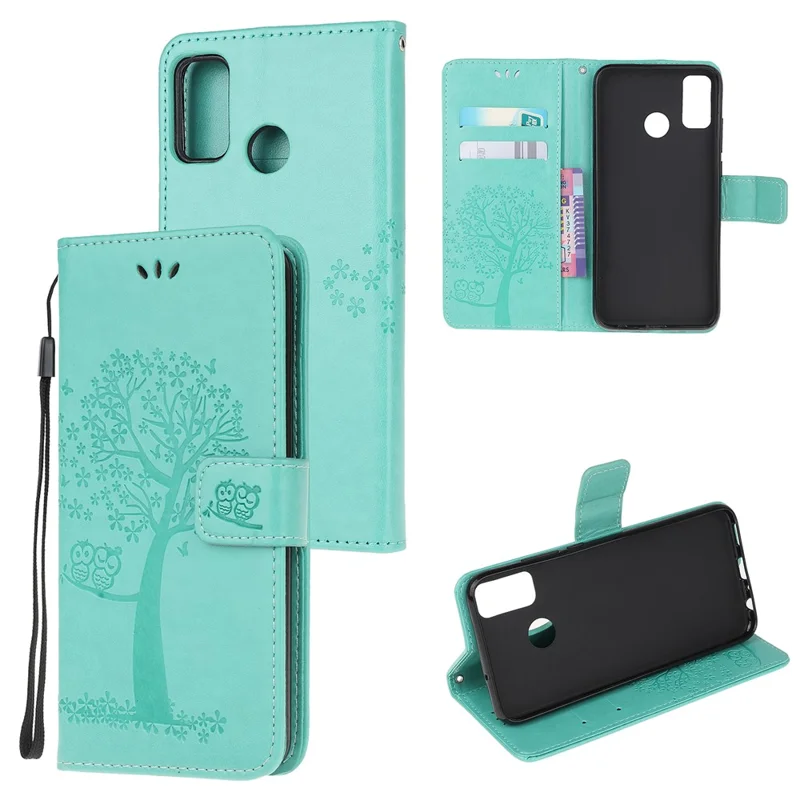 Owl and Tree Pattern Printing Design Leather Wallet Phone Cover for Motorola Moto G50 - Cyan