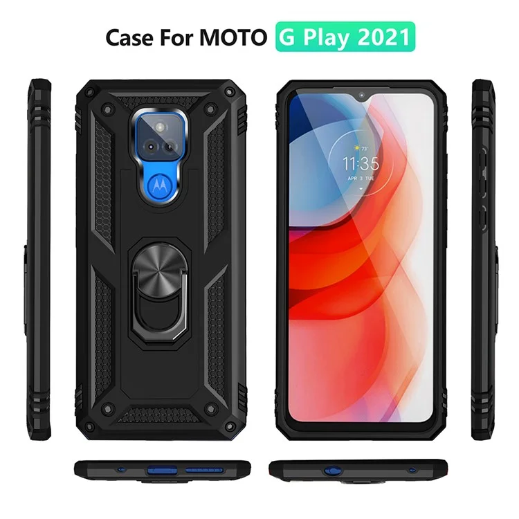 Anti-Fall Hybrid PC + TPU + Metal Phone Case Cover with Finger Ring Kickstand for Motorola Moto G Play (2021) - Black