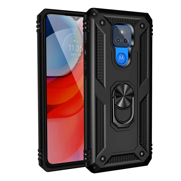 PC Ibrido Anti-Fall PC + TPU + Coperchio Del Telefono Metale Con Cavalletto Dell'anello Delle Dita Per Motolala Moto G Play (2021) - Nero