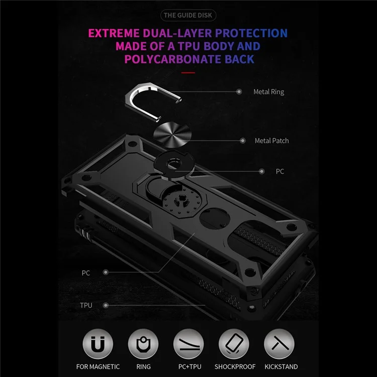 Hybrid PC + TPU + Metal Anti-Fall Protection Phone Case Cover with Finger Ring Kickstand for Motorola Moto G Power (2021) - Black