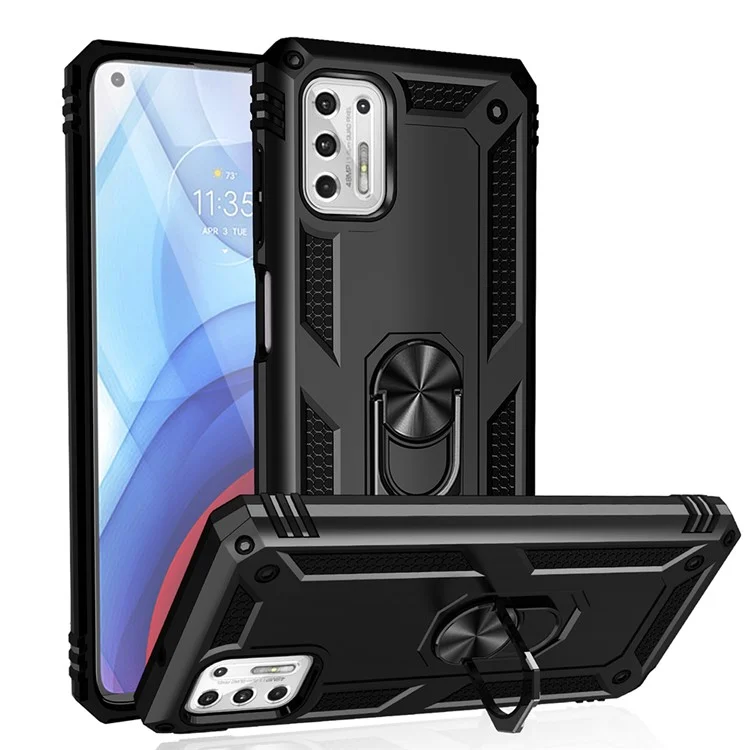 Hybrid PC + TPU + Metal Anti-Fall Phone Case Shell with Finger Ring Kickstand for Motorola Moto G Stylus 4G (2021) - Black