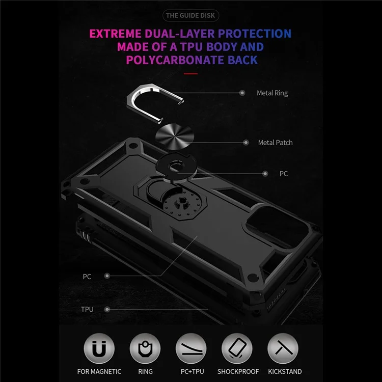 Hybrid PC + TPU + Metal Anti-Fall Phone Case Shell with Finger Ring Kickstand for Motorola Moto G Stylus 4G (2021) - Black