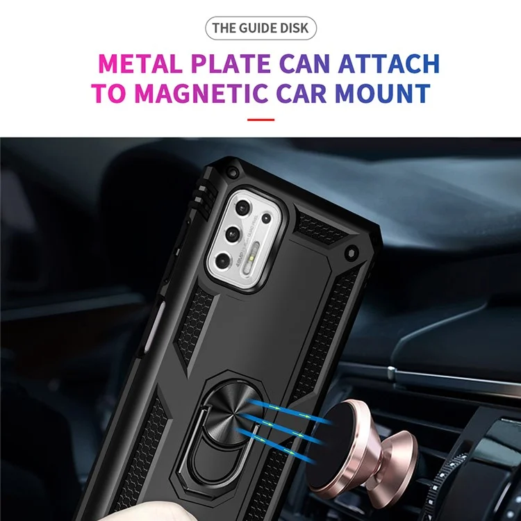 Hybrid PC + TPU + Metal Anti-Fall Phone Case Shell with Finger Ring Kickstand for Motorola Moto G Stylus 4G (2021) - Black