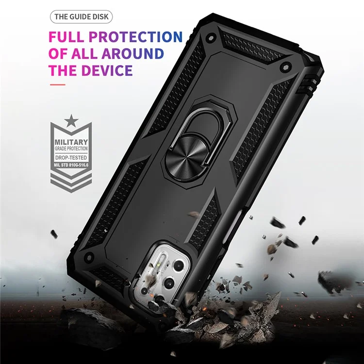 Hybrid PC + TPU + Metal Anti-Fall Phone Case Shell with Finger Ring Kickstand for Motorola Moto G Stylus 4G (2021) - Black