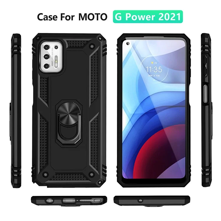 Hybrid PC + TPU + Metal Anti-Fall Phone Case Shell with Finger Ring Kickstand for Motorola Moto G Stylus 4G (2021) - Black
