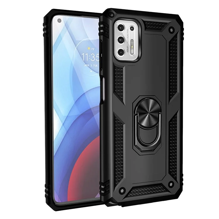Hybrid PC + TPU + Metal Anti-Fall Phone Case Shell with Finger Ring Kickstand for Motorola Moto G Stylus 4G (2021) - Black
