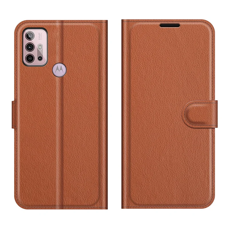 Litchi Texture Folio Flip Wallet Leather Phone Case with Stand for Motorola Moto G10/G30/G20 - Brown