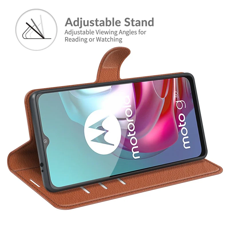 Litchi Texture Folio Flip Wallet Leather Phone Case with Stand for Motorola Moto G10/G30/G20 - Brown