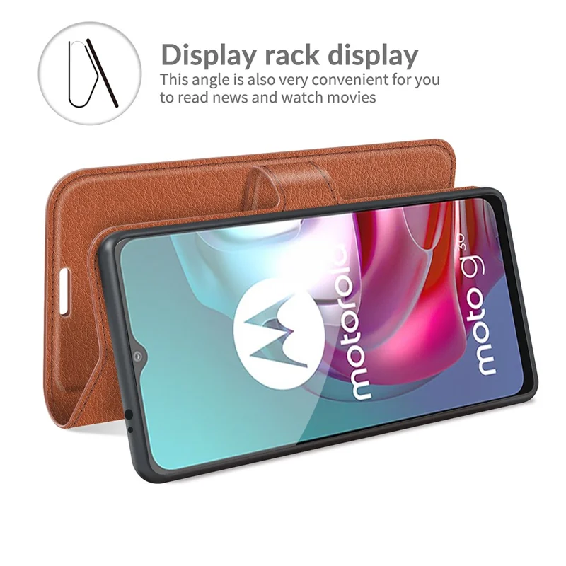 Litchi Texture Folio Flip Wallet Leather Phone Case with Stand for Motorola Moto G10/G30/G20 - Brown