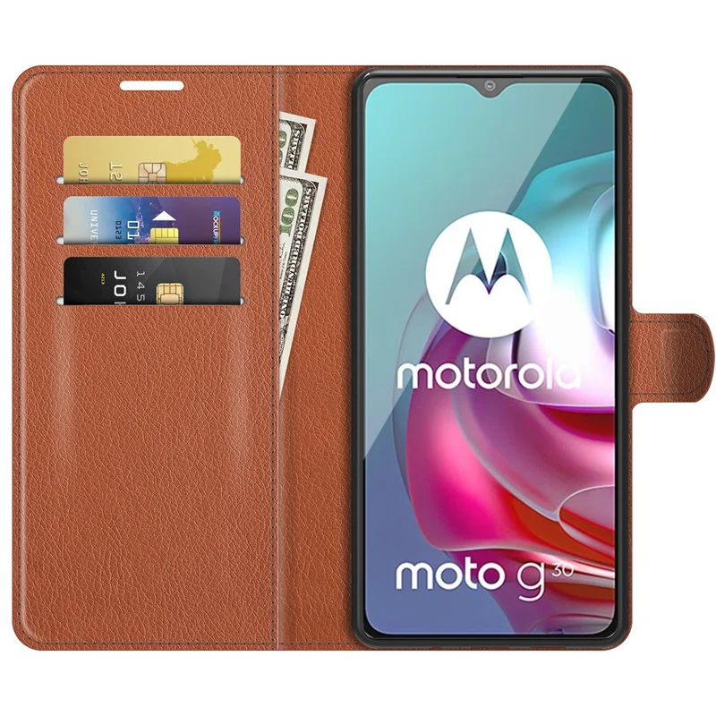 Litchi Texture Folio Flip Wallet Leather Phone Case with Stand for Motorola Moto G10/G30/G20 - Brown
