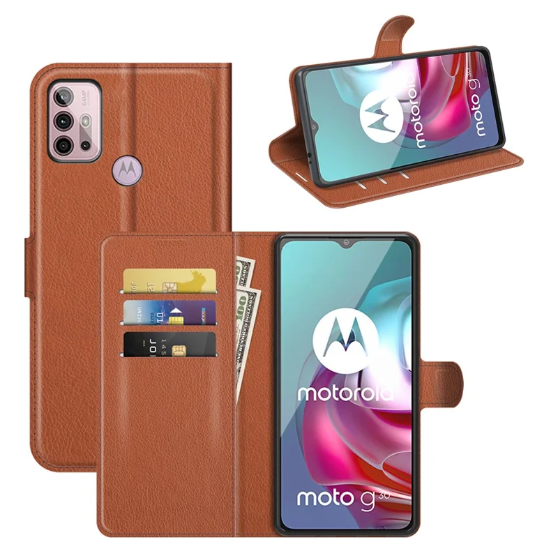 Litchi Texture Folio Flip Wallet Leather Phone Case with Stand for Motorola Moto G10/G30/G20 - Brown