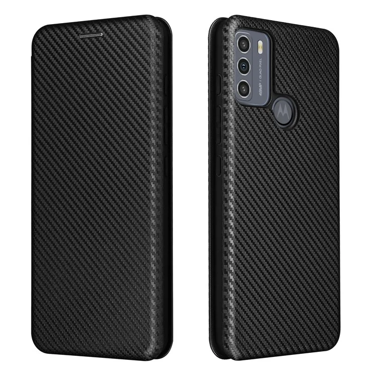 Auto-absorbed Carbon Fiber Texture Shock-proof Leather Case with Card Holder and Ring Strap for Motorola Moto G50 - Black