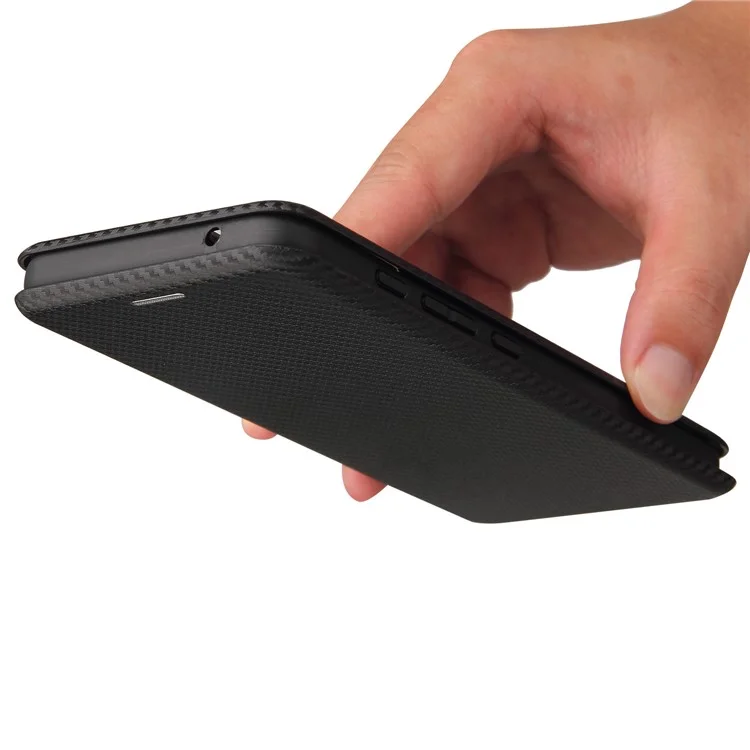 Auto-absorbed Carbon Fiber Texture Shock-proof Leather Case with Card Holder and Ring Strap for Motorola Moto G50 - Black